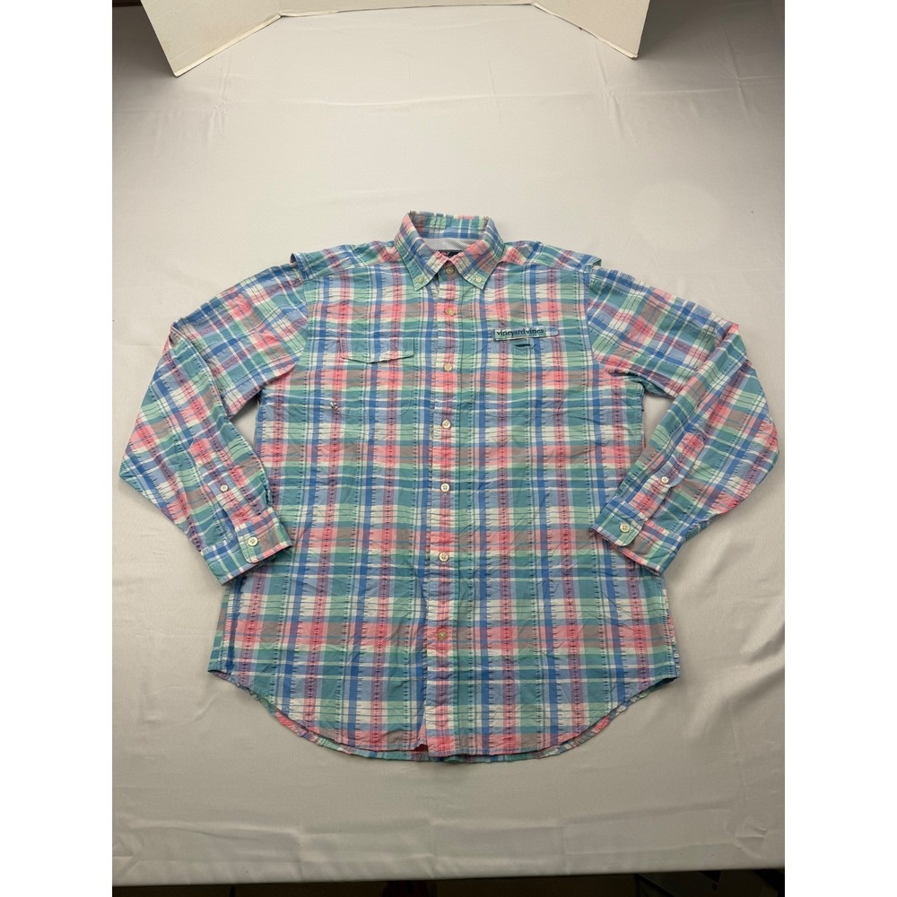 Vineyard Vines Harbor Shirt Mens Medium Multicolor Plaid Seersucker Fishing Vent